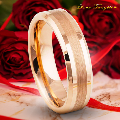 6mm Rose Gold IP Brushed Tungsten Ring with Beveled Edges | Love Tungsten