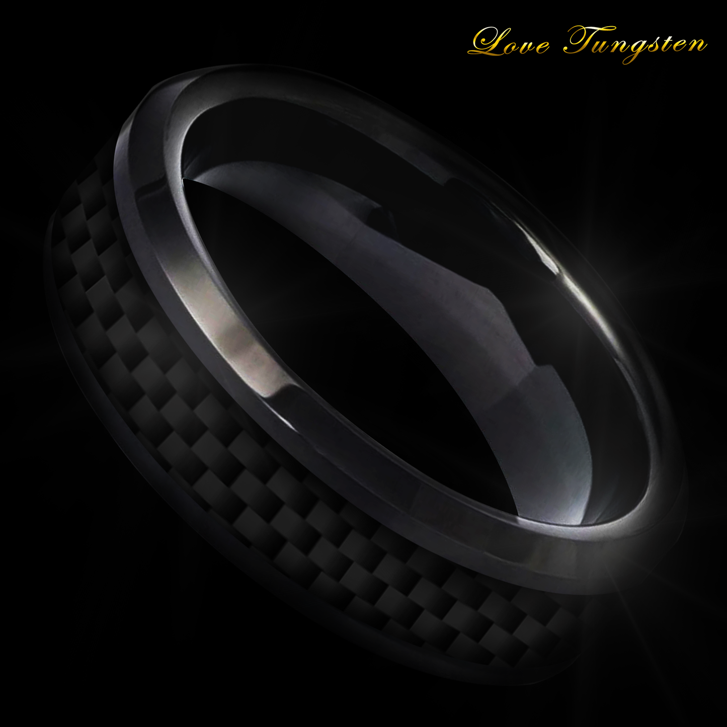 6mm Carbon Fiber Inlay Tungsten Ring | High Polished Black IP Finish | Love Tungsten