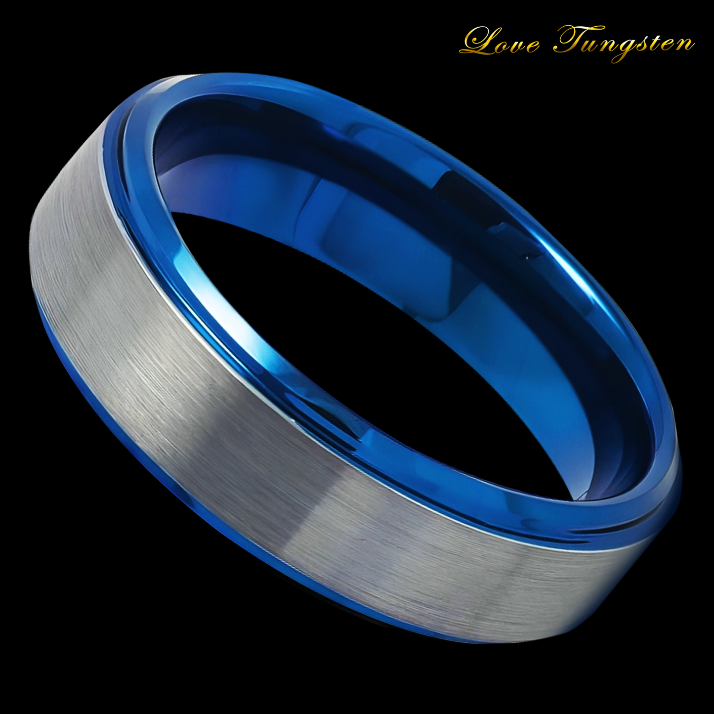 6mm Blue IP Gun Metal Brushed Beveled Edge Tungsten Ring | Sleek & Durable