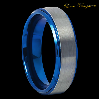 6mm Blue IP Gun Metal Brushed Beveled Edge Tungsten Ring | Sleek & Durable