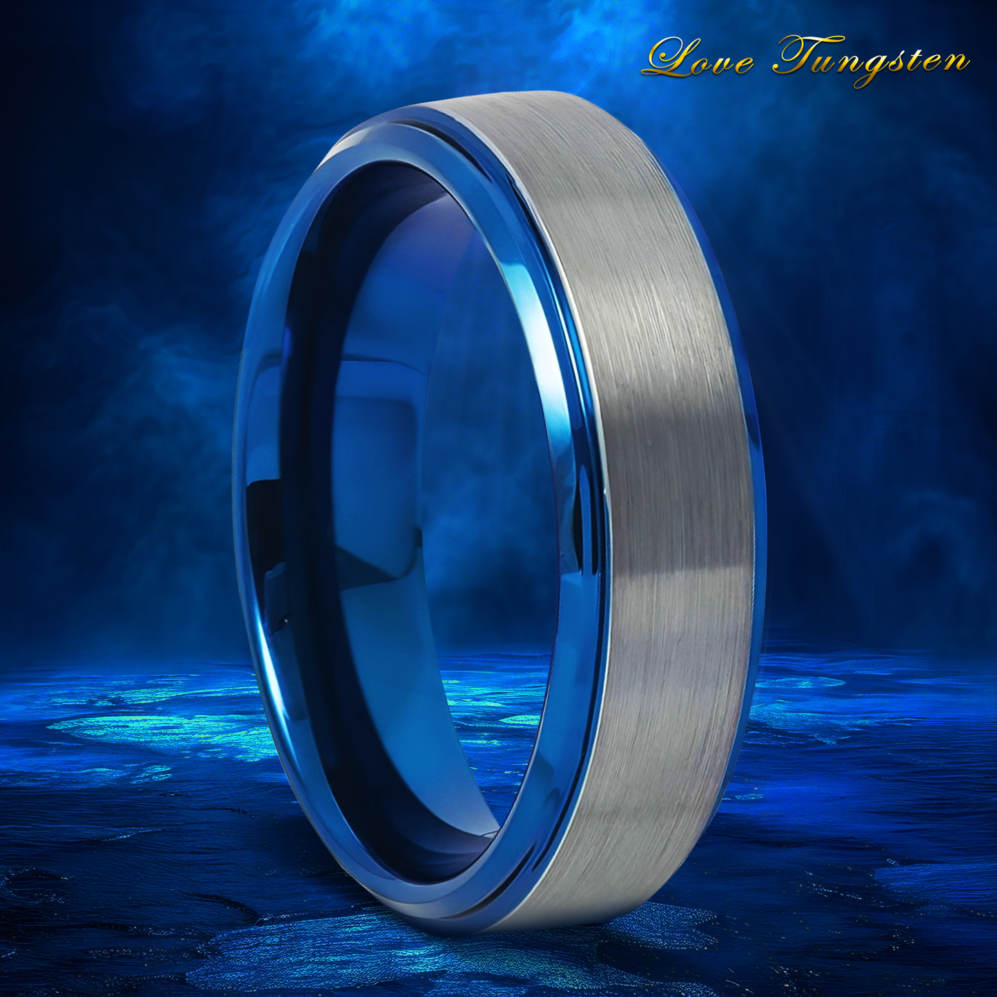 6mm Blue IP Gun Metal Brushed Beveled Edge Tungsten Ring | Sleek & Durable