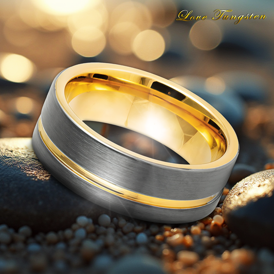 8mm Gun Metal Tungsten Ring with Off-Center Yellow Gold Plating | Sleek & Modern Design