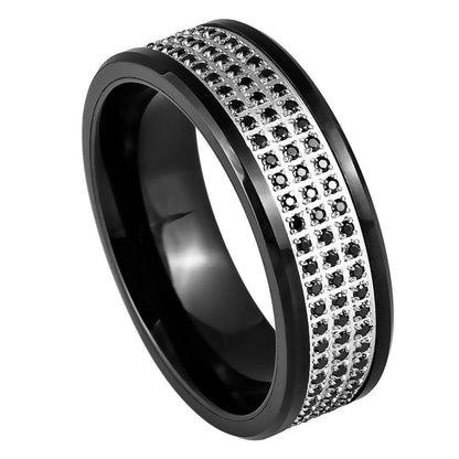 3-Row Black CZ Eternity Black IP Plated Tungsten Ring - 8mm - Love Tungsten