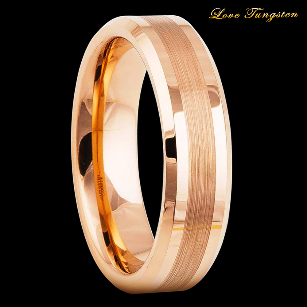 6mm Rose Gold IP Brushed Tungsten Ring with Beveled Edges | Love Tungsten