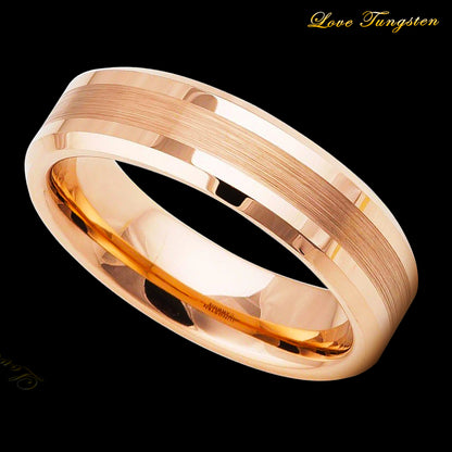 6mm Rose Gold IP Brushed Tungsten Ring with Beveled Edges | Love Tungsten