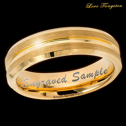 6mm Yellow Gold IP Tungsten Ring with Grooved Center | Sleek & Durable Design