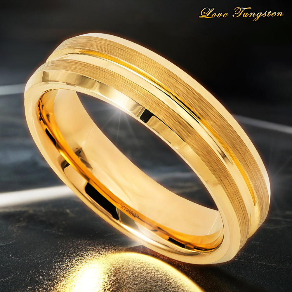 6mm Yellow Gold IP Tungsten Ring with Grooved Center | Sleek & Durable Design