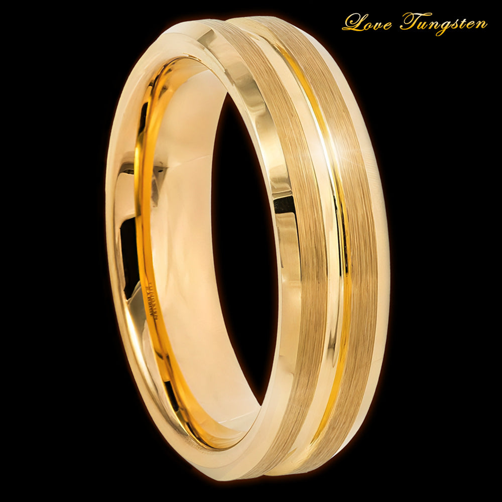 6mm Yellow Gold IP Tungsten Ring with Grooved Center | Sleek & Durable Design