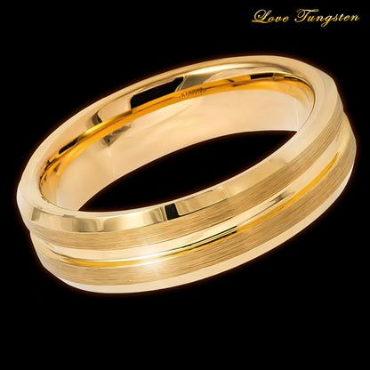 6mm Yellow Gold IP Tungsten Ring with Grooved Center | Sleek & Durable Design