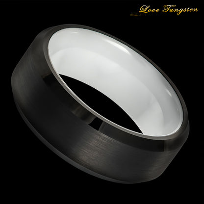 8mm Black IP Tungsten Ring with Beveled Edge & White Ceramic Sleeve | Modern & Durable Design