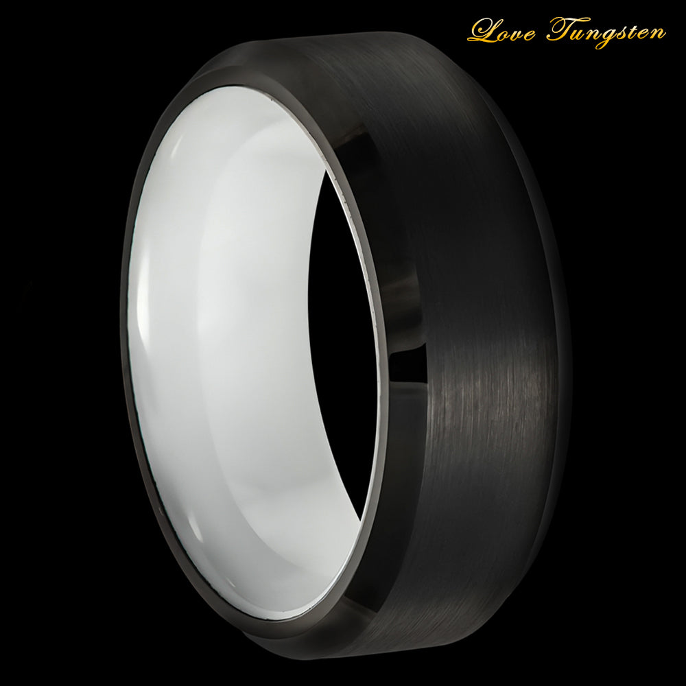 8mm Black IP Tungsten Ring with Beveled Edge & White Ceramic Sleeve | Modern & Durable Design