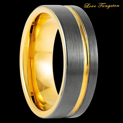 8mm Gun Metal Tungsten Ring with Off-Center Yellow Gold Plating | Sleek & Modern Design