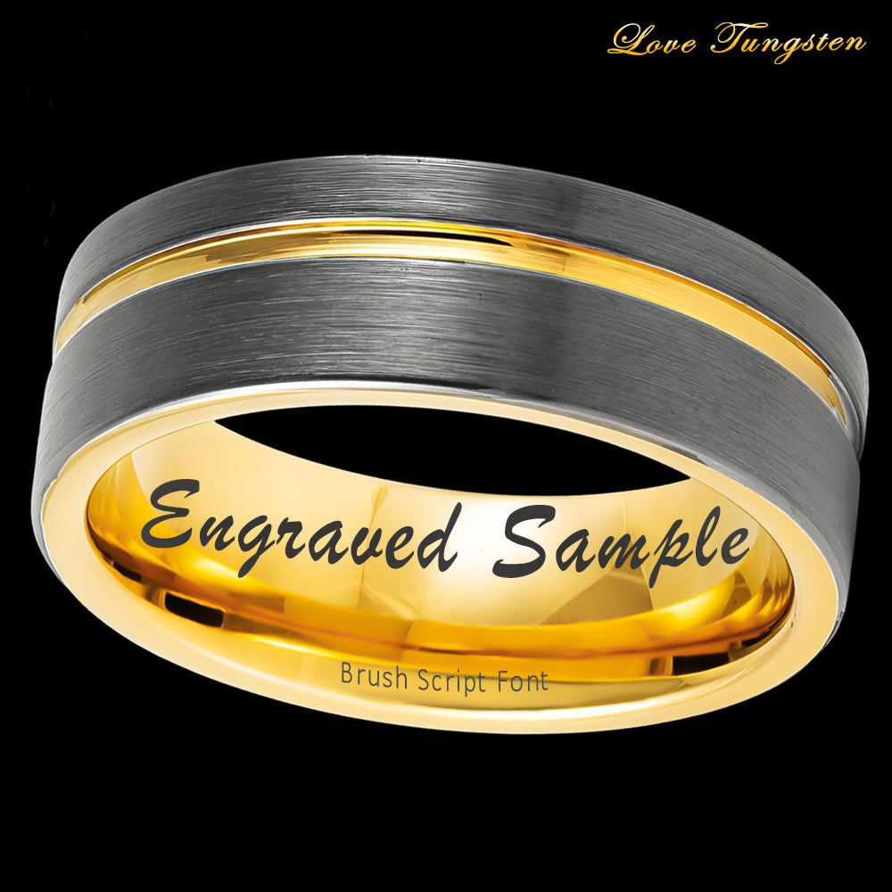 8mm Gun Metal Tungsten Ring with Off-Center Yellow Gold Plating | Sleek & Modern Design