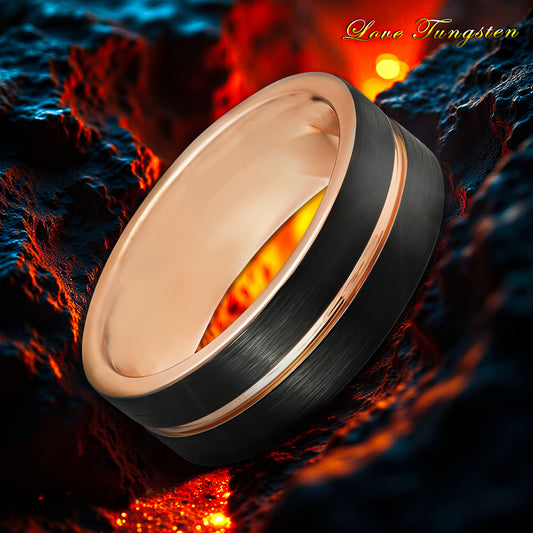 8mm Two-Tone Rose & Black IP Grooved Tungsten Ring | Modern & Durable Design