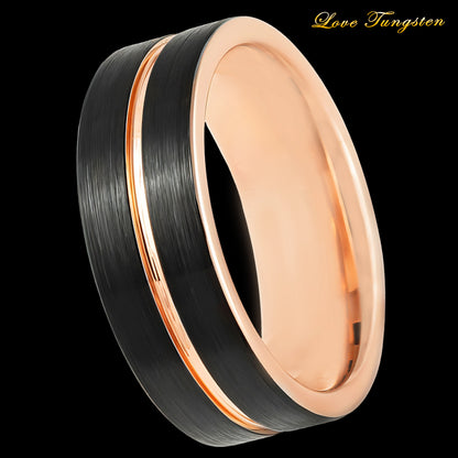 8mm Two-Tone Rose & Black IP Grooved Tungsten Ring | Modern & Durable Design