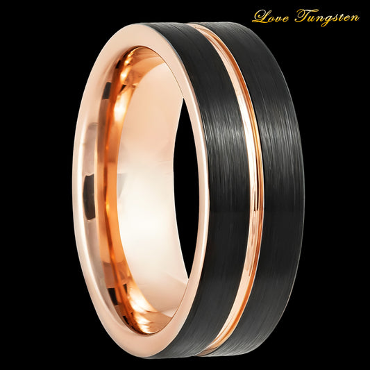 8mm Two-Tone Rose & Black IP Grooved Tungsten Ring | Modern & Durable Design