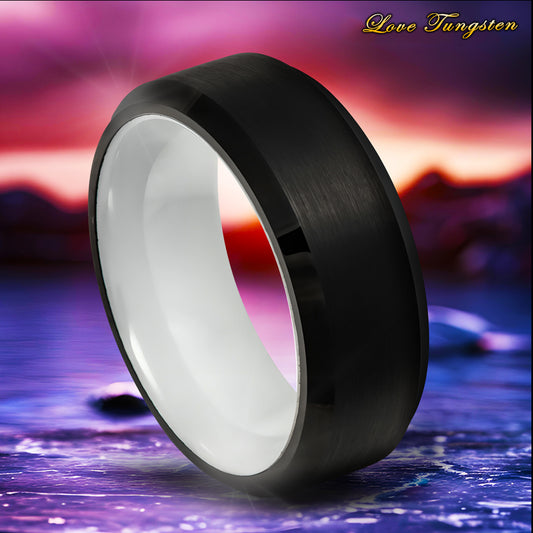 8mm Black IP Tungsten Ring with Beveled Edge & White Ceramic Sleeve | Modern & Durable Design