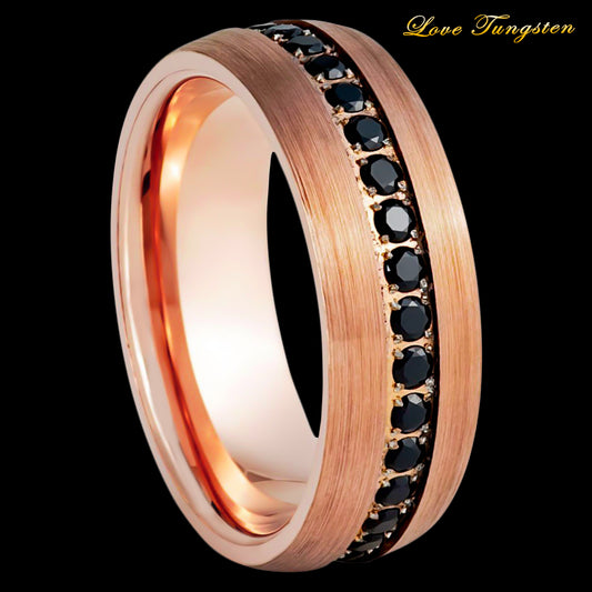 Black CZ Eternity Tungsten Ring Domed Rose Gold IP Plated - 8mm