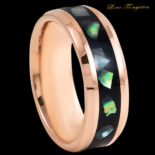 Black Resin & Abalone Shell Inlay with Rose Gold IP Tungsten Ring - 8 mm