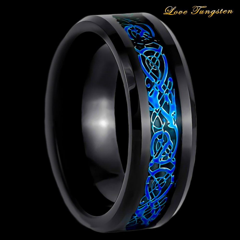 Blue Celtic Design Inlay 8mm Black Tungsten Ring