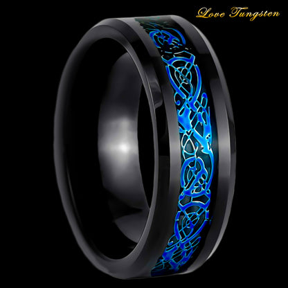 Blue Celtic Design Inlay 8mm Black Tungsten Ring