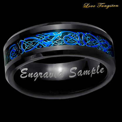 Blue Celtic Design Inlay 8mm Black Tungsten Ring