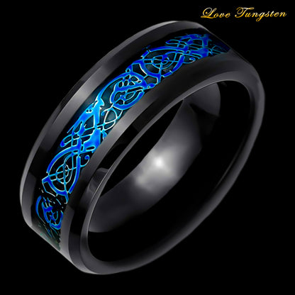 Blue Celtic Design Inlay 8mm Black Tungsten Ring