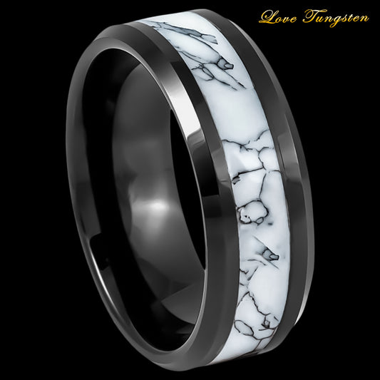 Bold White Turquoise Inlay Beveled Edge Tungsten Ring - 8mm
