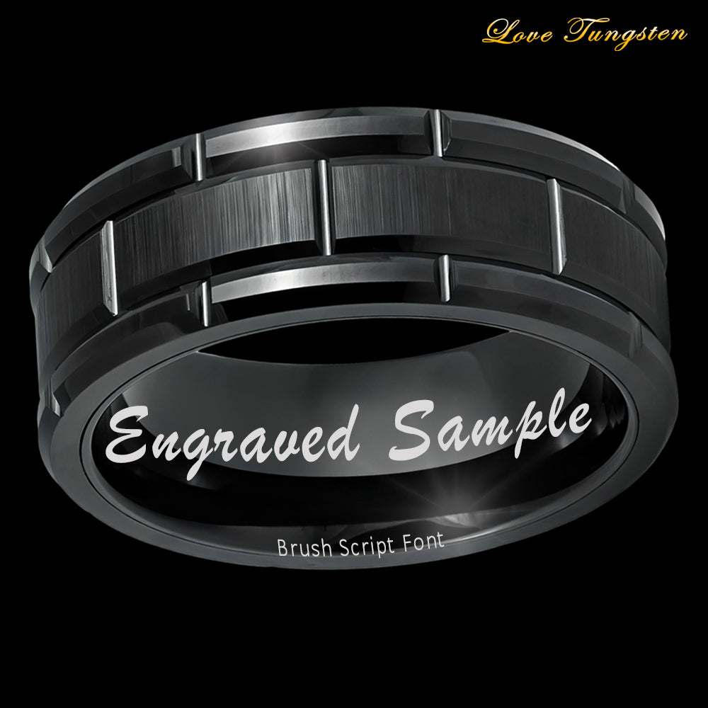 Brick Pattern Black IP Plated Tungsten Ring - 8mm | Stylish & Durable