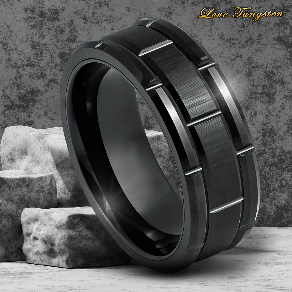 Brick Pattern Black IP Plated Tungsten Ring - 8mm | Stylish & Durable