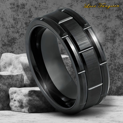 Brick Pattern Black IP Plated Tungsten Ring - 8mm | Stylish & Durable