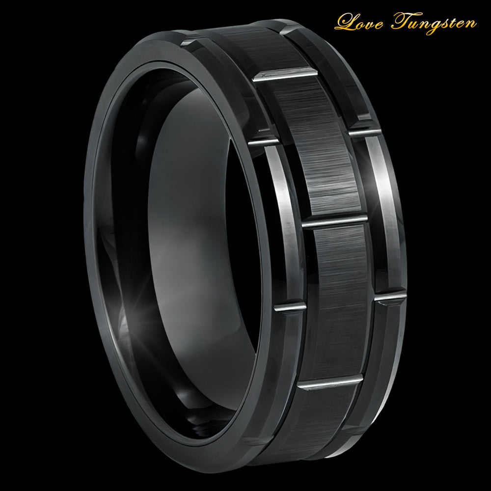 Brick Pattern Black IP Plated Tungsten Ring - 8mm | Stylish & Durable