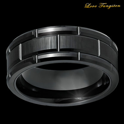 Brick Pattern Black IP Plated Tungsten Ring - 8mm | Stylish & Durable