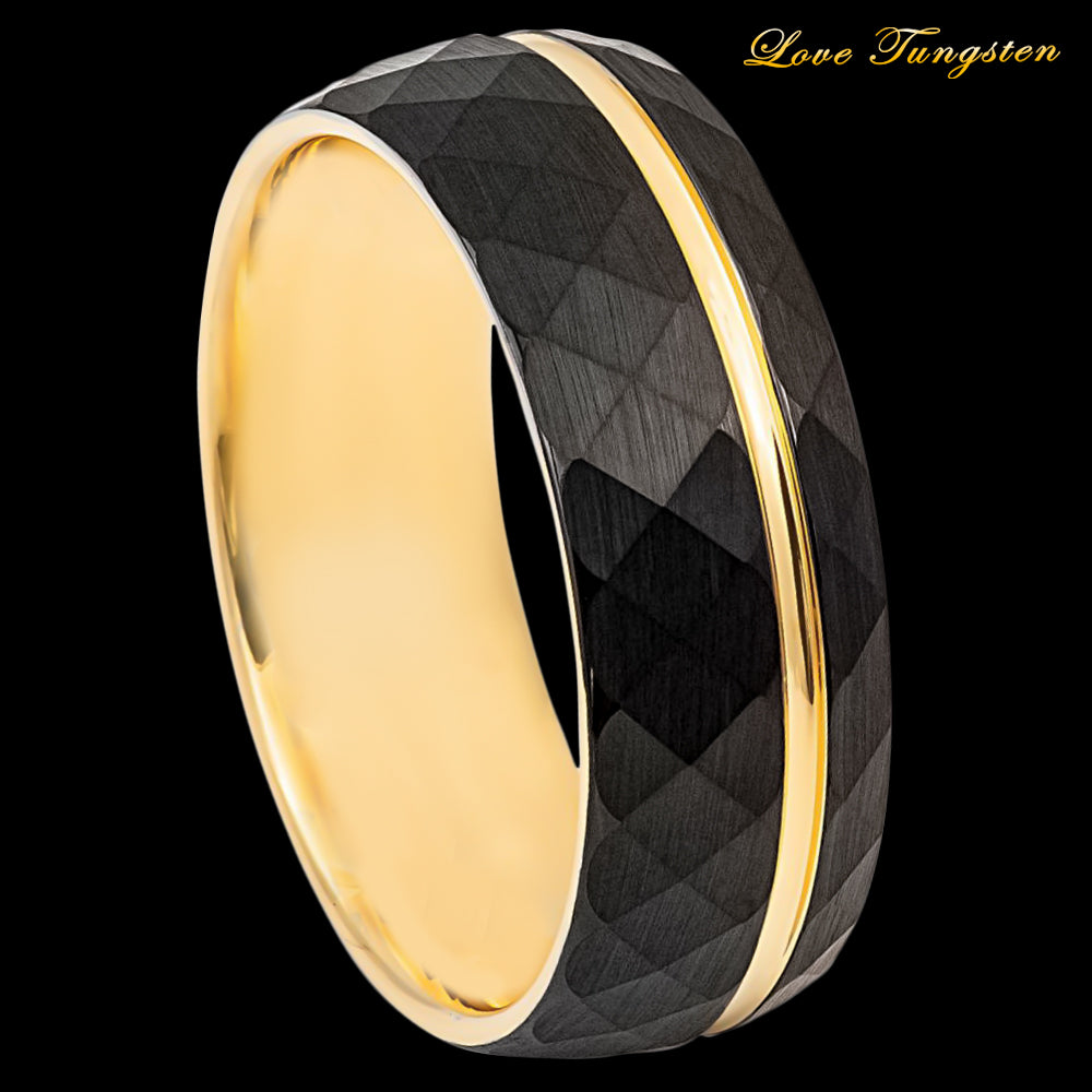 Brushed Yellow Gold & Faceted Black IP Tungsten Ring - 8mm