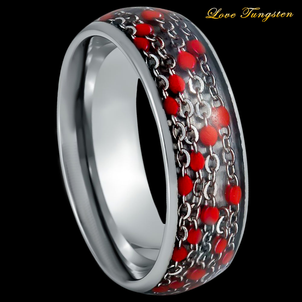 Cable Chain & Red Beads Inlay Dome Tungsten Ring - 8mm