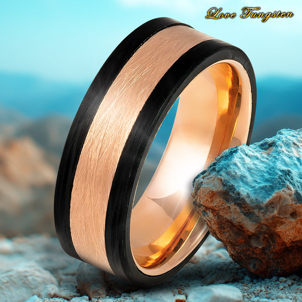 Carbon Fiber Edges & Rose Gold Tungsten Ring - 8mm | Sleek & Modern