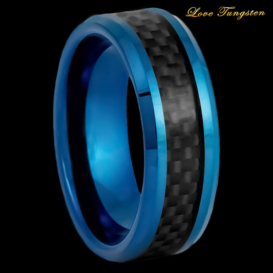 Carbon Fiber Inlay Blue IP Beveled Edge 8mm Tungsten Ring