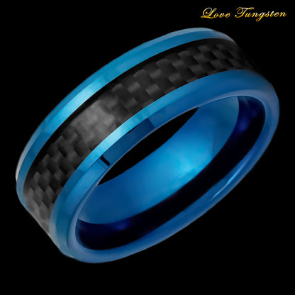 Carbon Fiber Inlay Blue IP Beveled Edge 8mm Tungsten Ring