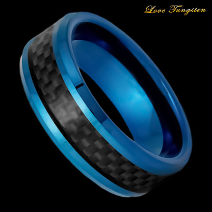 Carbon Fiber Inlay Blue IP Beveled Edge 8mm Tungsten Ring