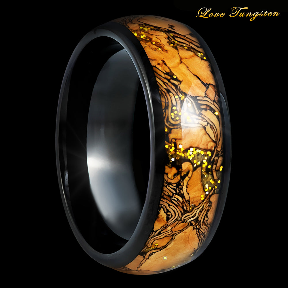 Dome Black IP Plated Cork & Gold Glitter Inlay Tungsten Ring - 8mm