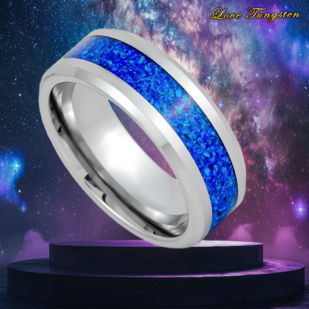 Cosmic Blue Synthetic Opal Inlay Tungsten Ring - 8mm | Celestial-Inspired Jewelry