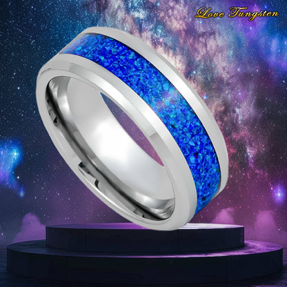 Cosmic Blue Synthetic Opal Inlay Tungsten Ring - 8mm | Celestial-Inspired Jewelry