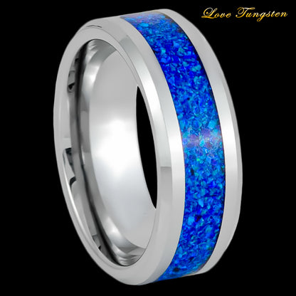 Cosmic Blue Synthetic Opal Inlay Tungsten Ring - 8mm | Celestial-Inspired Jewelry