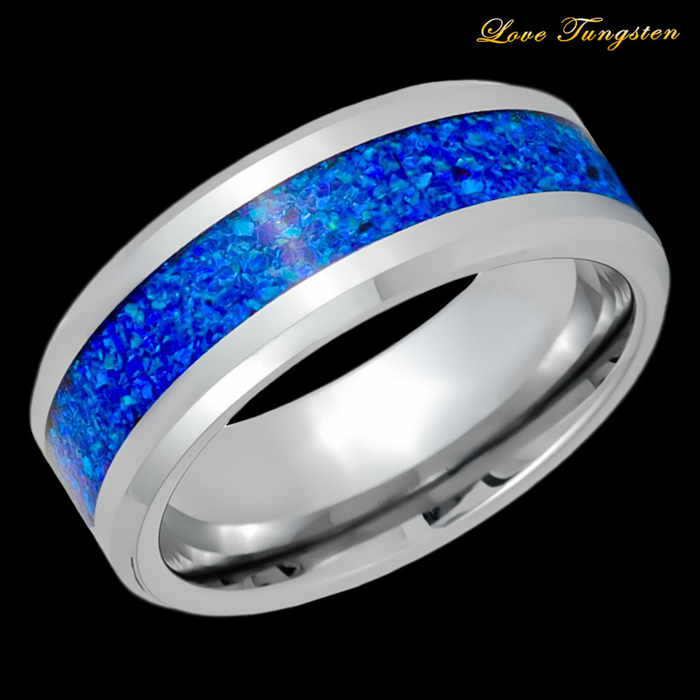 Cosmic Blue Synthetic Opal Inlay Tungsten Ring - 8mm | Celestial-Inspired Jewelry