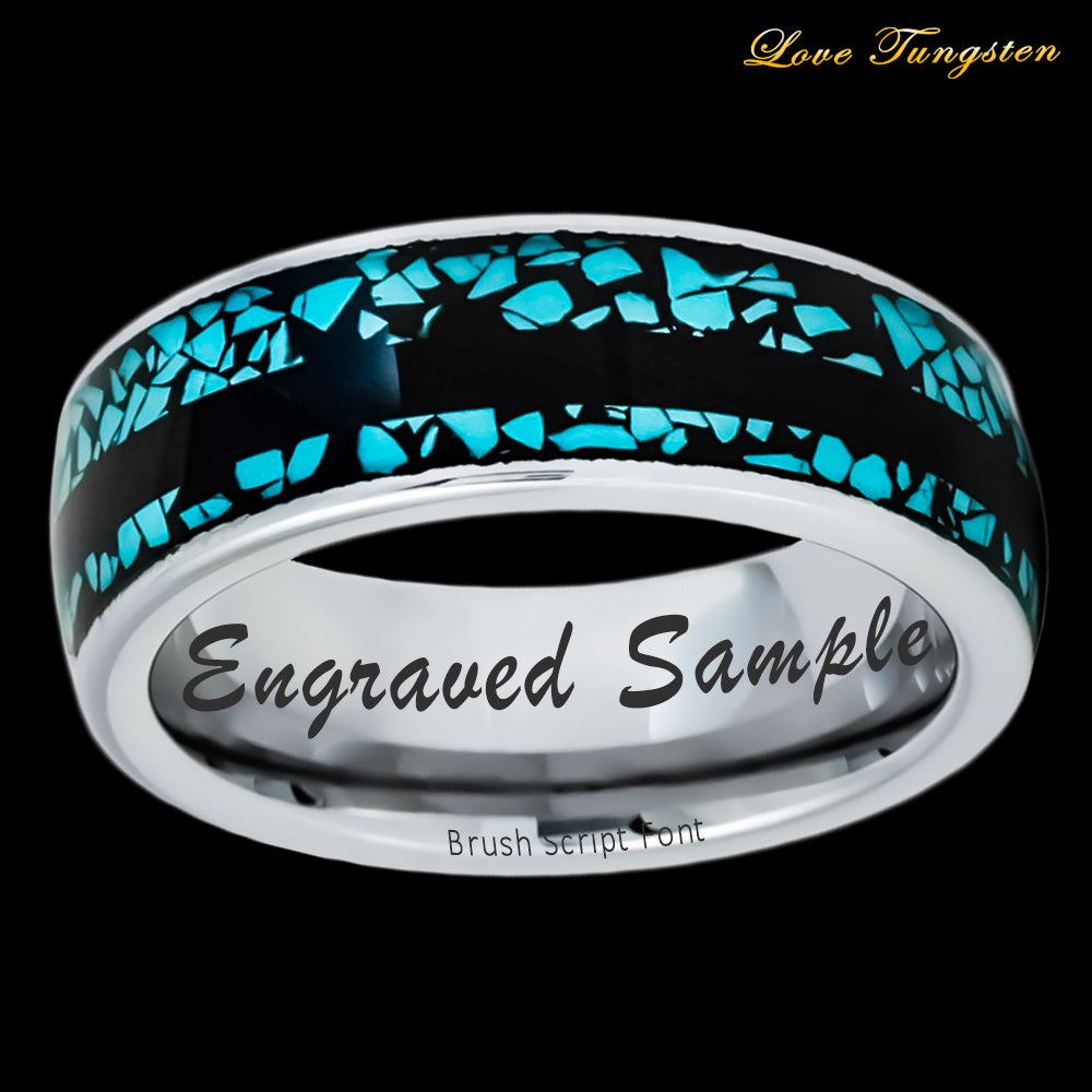 Crushed Blue Turquoise Fragments & Black Stripe Inlay Tungsten Ring - 8mm