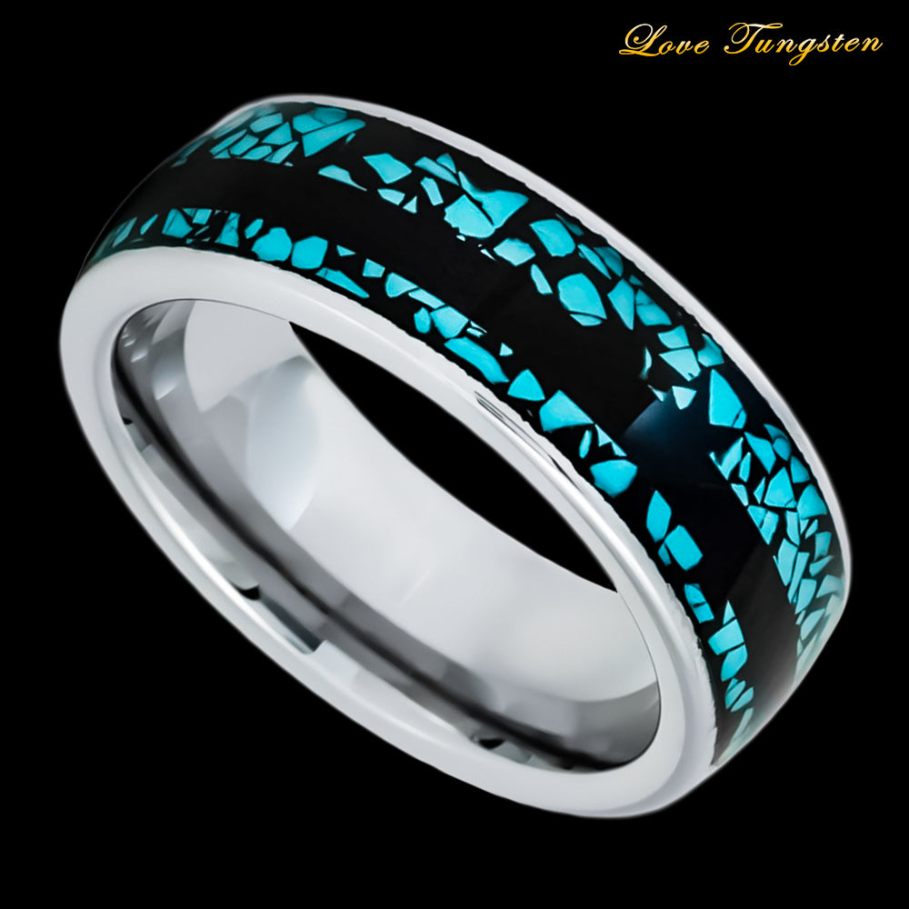 Crushed Blue Turquoise Fragments & Black Stripe Inlay Tungsten Ring - 8mm