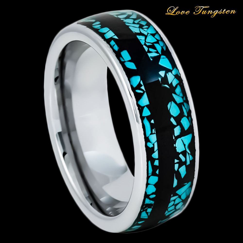 Crushed Blue Turquoise Fragments & Black Stripe Inlay Tungsten Ring - 8mm