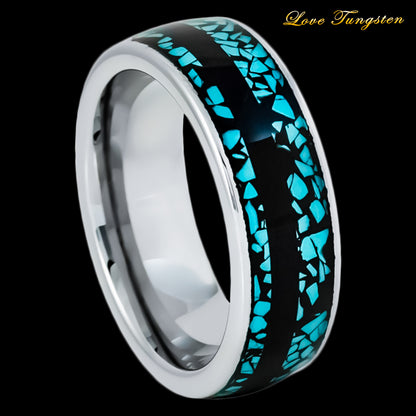 Crushed Blue Turquoise Fragments & Black Stripe Inlay Tungsten Ring - 8mm