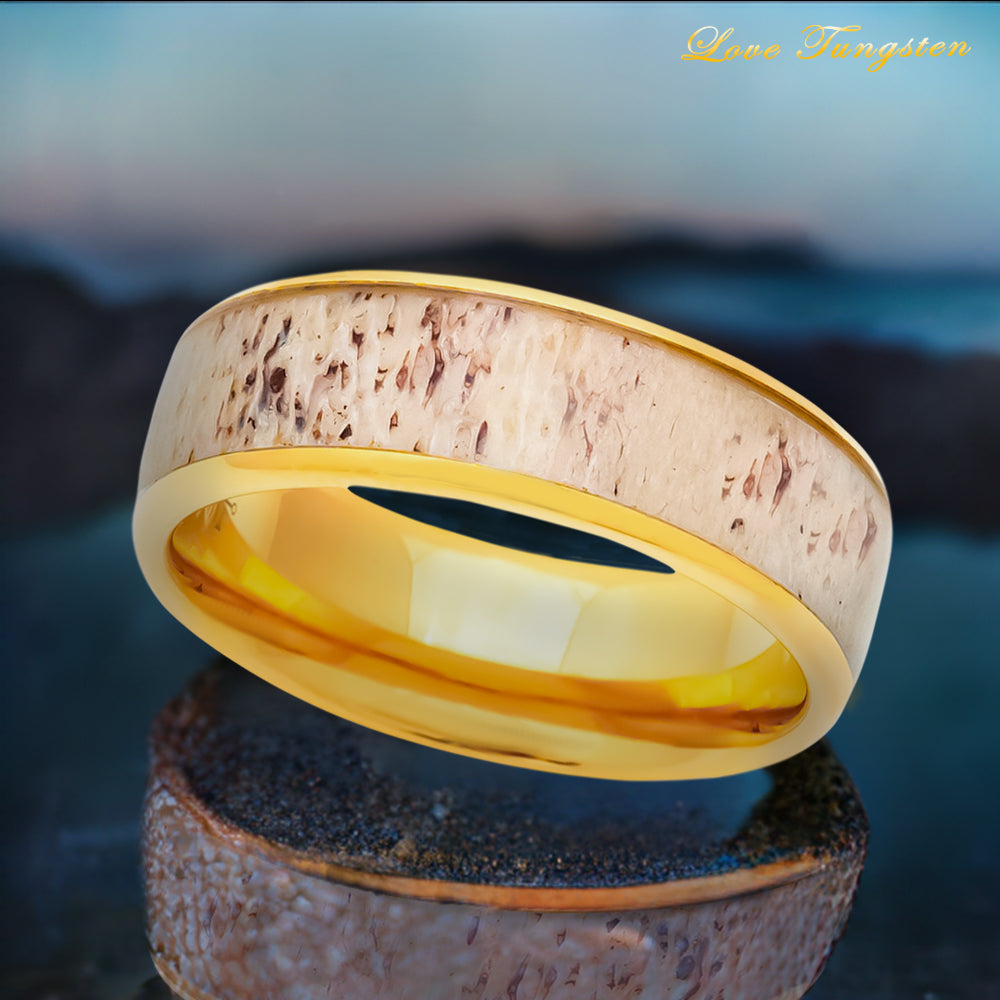 Deer Antler Inlay Domed Yellow Gold IP Tungsten Ring - 8mm