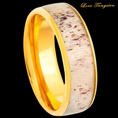 Deer Antler Inlay Domed Yellow Gold IP Tungsten Ring - 8mm